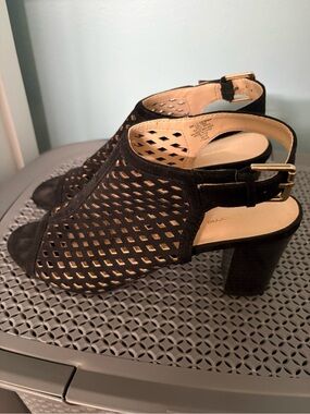 Black Perforated Block Heel Sandal